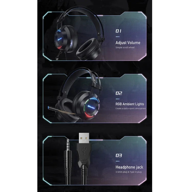 Tai nghe chơi game có dây có đèn môi trường awei GM-2 USB + 3.5mm kèm micro, GM-2