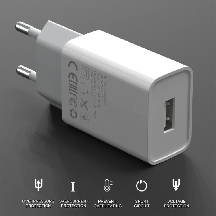 IVON AD-33 Bộ sạc du lịch 2 trong 1 cổng USB đơn 2.1A + bộ cáp dữ liệu USB sang 8 Pin dài 1m, phích cắm EU, phích cắm US