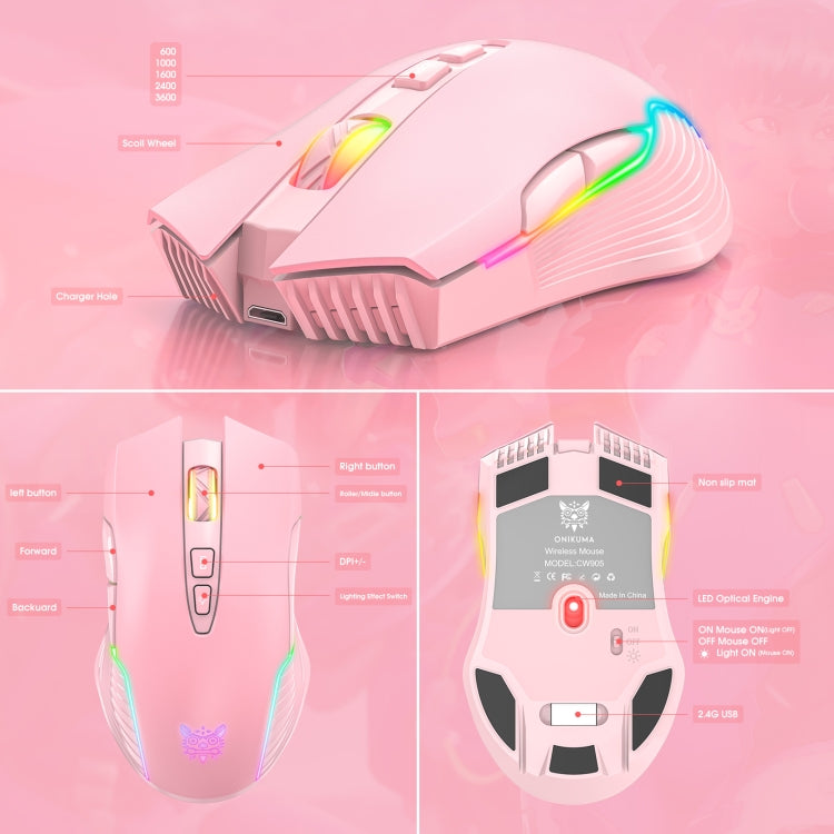 Chuột không dây có đèn RGB ONIKUMA CW905 2.4G, chuột CW905 màu đen, hồng, xám trắng
