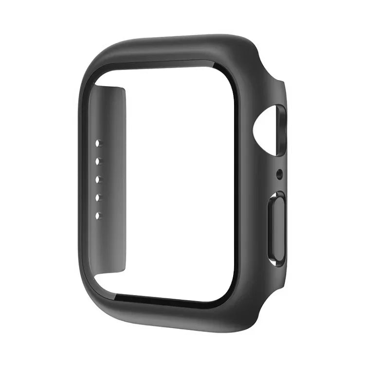 Apple Watch frame and film protector case showing a black 2-in-1 PC frame with tempered glass for full protection.