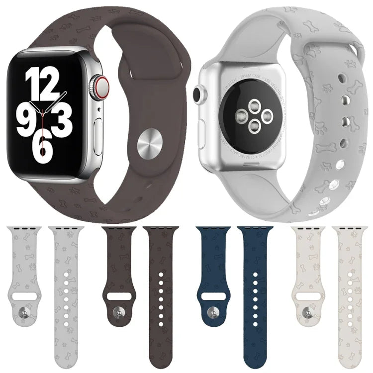 Dây đồng hồ silicone dập nổi họa tiết chân chó cho Apple Watch Series, 7 41mm / 6&SE&5&4 40mm / 3&2&1 38mm, 7 45mm / 6&SE&5&4 44mm / 3&2&1 42mm
