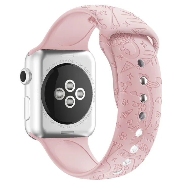 Dây đồng hồ silicone dập nổi họa tiết hồng hạc cho Apple Watch Series, 7 41mm / 6&SE&5&4 40mm / 3&2&1 38mm, 7 45mm / 6&SE&5&4 44mm / 3&2&1 42mm