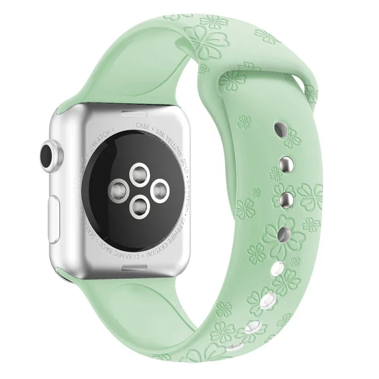 Dây đồng hồ silicone dập nổi họa tiết cỏ bốn lá cho Apple Watch Series, 7 45mm / 6&SE&5&4 44mm / 3&2&1 42mm, 7 41mm / 6&SE&5&4 40mm / 3&2&1 38mm