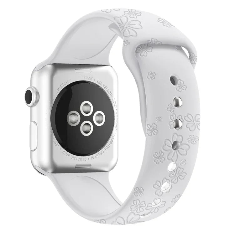 Dây đồng hồ silicone dập nổi họa tiết cỏ bốn lá cho Apple Watch Series, 7 45mm / 6&SE&5&4 44mm / 3&2&1 42mm, 7 41mm / 6&SE&5&4 40mm / 3&2&1 38mm