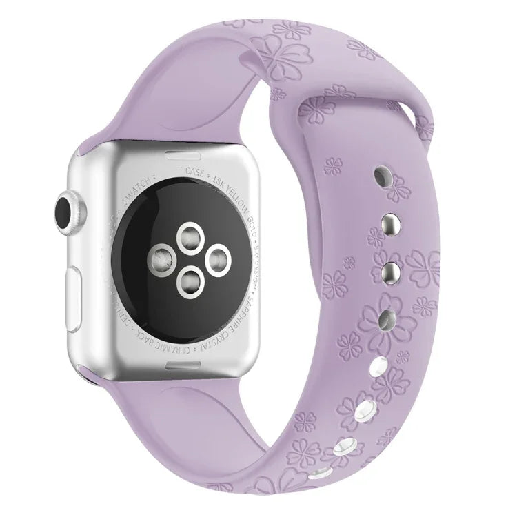 Dây đồng hồ silicone dập nổi họa tiết cỏ bốn lá cho Apple Watch Series, 7 45mm / 6&SE&5&4 44mm / 3&2&1 42mm, 7 41mm / 6&SE&5&4 40mm / 3&2&1 38mm