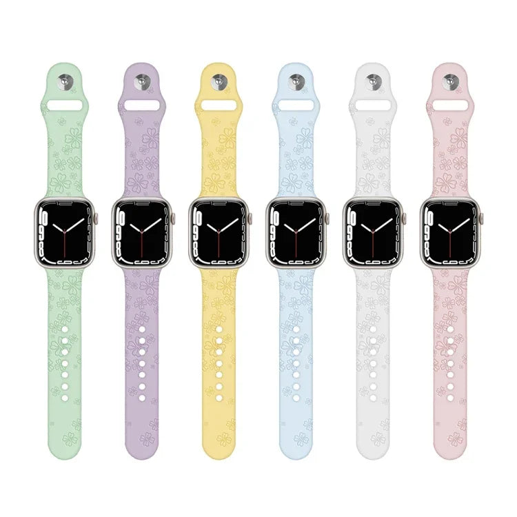 Dây đồng hồ silicone dập nổi họa tiết cỏ bốn lá cho Apple Watch Series, 7 45mm / 6&SE&5&4 44mm / 3&2&1 42mm, 7 41mm / 6&SE&5&4 40mm / 3&2&1 38mm