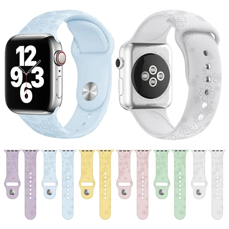 Dây đồng hồ silicone dập nổi họa tiết cỏ bốn lá cho Apple Watch Series, 7 45mm / 6&SE&5&4 44mm / 3&2&1 42mm, 7 41mm / 6&SE&5&4 40mm / 3&2&1 38mm