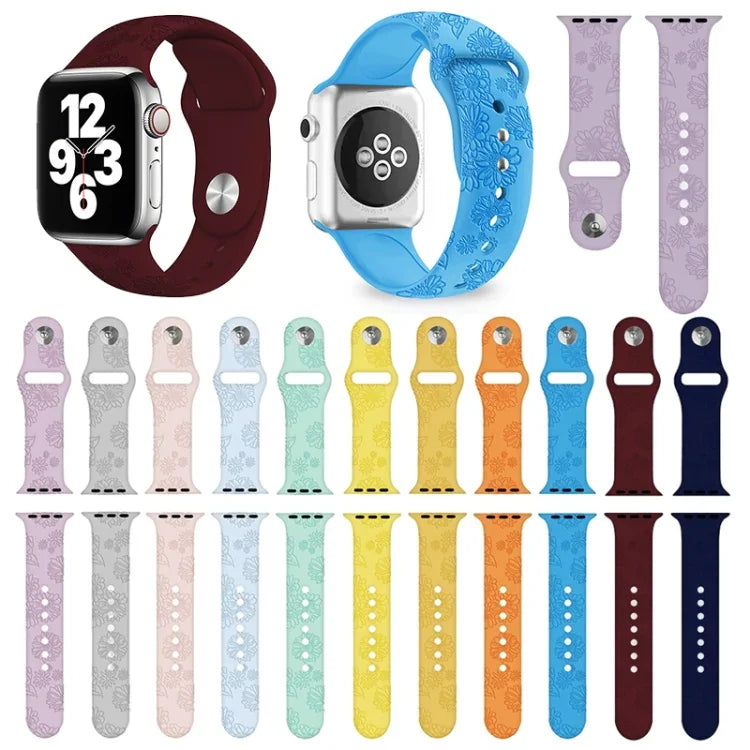 Dây đồng hồ silicone dập nổi họa tiết hoa hướng dương cho Apple Watch Series, 7 41mm / 6&SE&5&4 40mm / 3&2&1 38mm, 7 45mm / 6&SE&5&4 44mm / 3&2&1 42mm