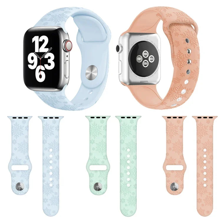 Dây đồng hồ silicone dập nổi họa tiết bông tuyết cho Apple Watch Series, 7 41mm / 6&SE&5&4 40mm / 3&2&1 38mm, 7 45mm / 6&SE&5&4 44mm / 3&2&1 42mm