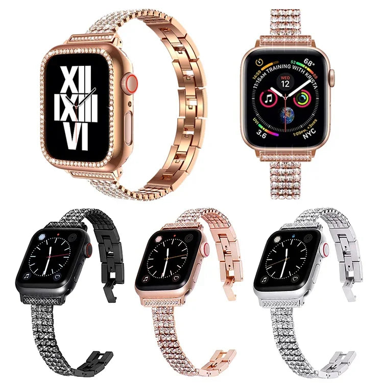 Dây đồng hồ kim loại đính kim cương bốn hàng cho Apple Watch Series, 7 41mm / 6&SE&5&4 40mm / 3&2&1 38mm, 7 45mm / 6&SE&5&4 44mm / 3&2&1 42mm