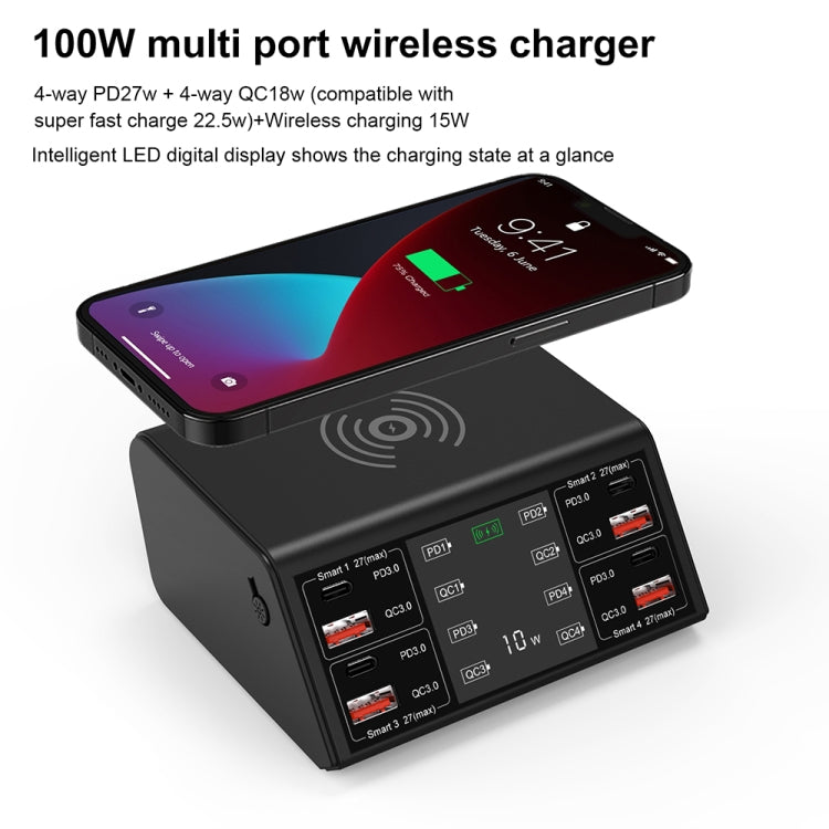 Bộ sạc không dây thông minh 838w 9 trong 1 100W 4 PD 3.0 USB-C / Type-C + 4 QC 3.0 USB, EU Plug, US Plug, UK Plug, AU Plug
