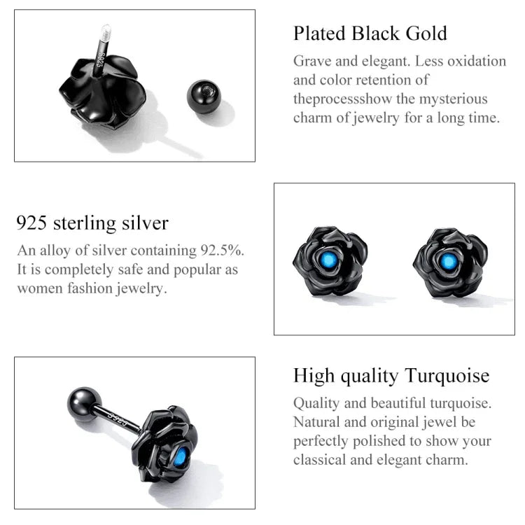 Bông tai đinh bạc S925 Sterling hoa hồng đen cho nữ, hoa hồng đen