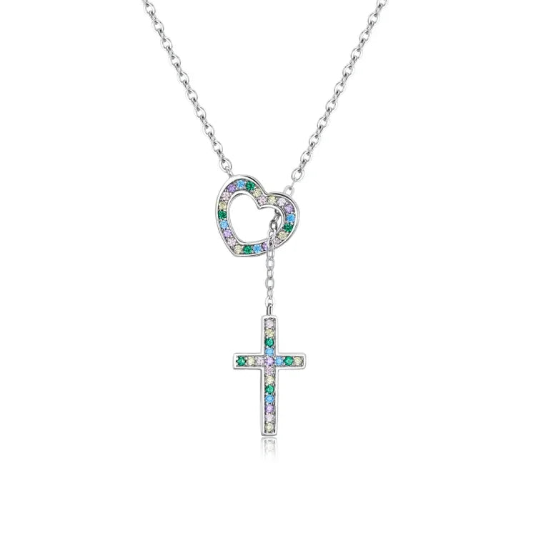 Trang sức vòng cổ bạc S925 Sterling hình trái tim thánh giá cho nữ, trái tim thánh giá