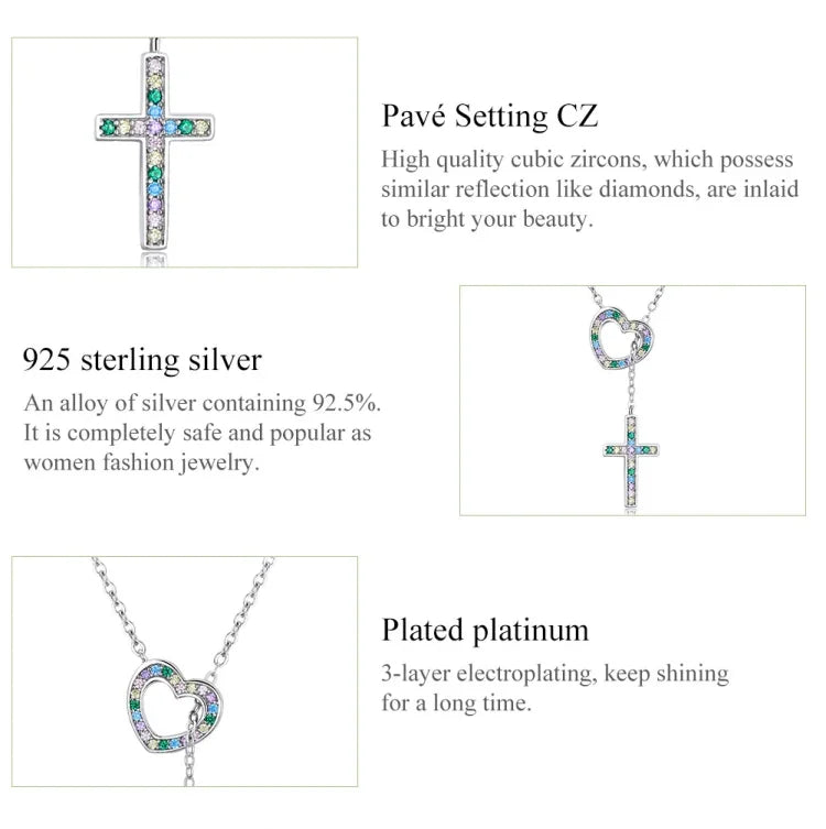 Trang sức vòng cổ bạc S925 Sterling hình trái tim thánh giá cho nữ, trái tim thánh giá