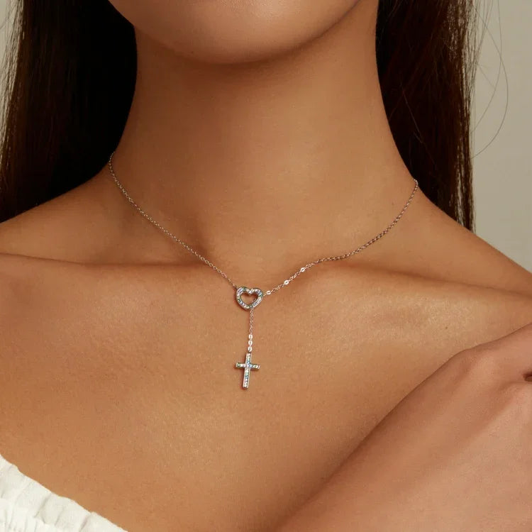 Trang sức vòng cổ bạc S925 Sterling hình trái tim thánh giá cho nữ, trái tim thánh giá