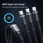 Cáp dữ liệu sạc nhanh bện 3 trong 1 6A 66W USB sang 8 Pin + Micro USB + USB-C / Type-C, USB sang 8 Pin + Micro USB + Type-C