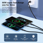 Cáp dữ liệu sạc nhanh bện 3 trong 1 6A 66W USB sang 8 Pin + Micro USB + USB-C / Type-C, USB sang 8 Pin + Micro USB + Type-C