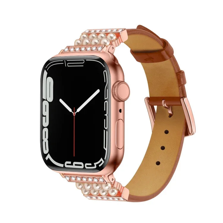 Dây đồng hồ da kim cương ngọc trai cho Apple Watch Series, 7 41mm / 6&SE&5&4 40mm / 3&2&1 38mm, 7 45mm / 6&SE&5&4 44mm / 3&2&1 42mm