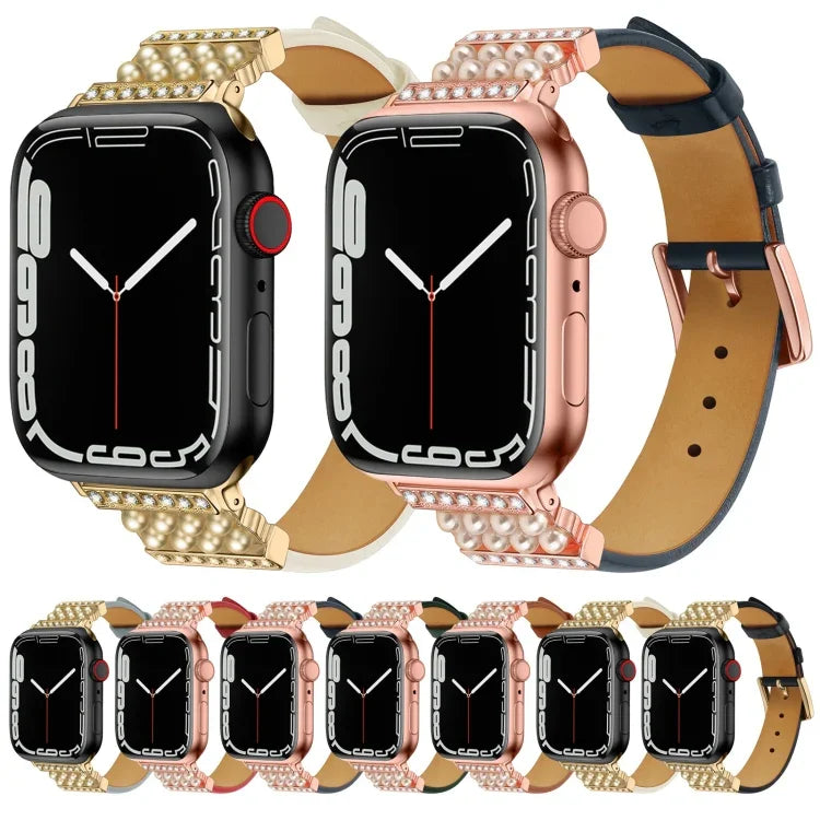 Dây đồng hồ da kim cương ngọc trai cho Apple Watch Series, 7 41mm / 6&SE&5&4 40mm / 3&2&1 38mm, 7 45mm / 6&SE&5&4 44mm / 3&2&1 42mm