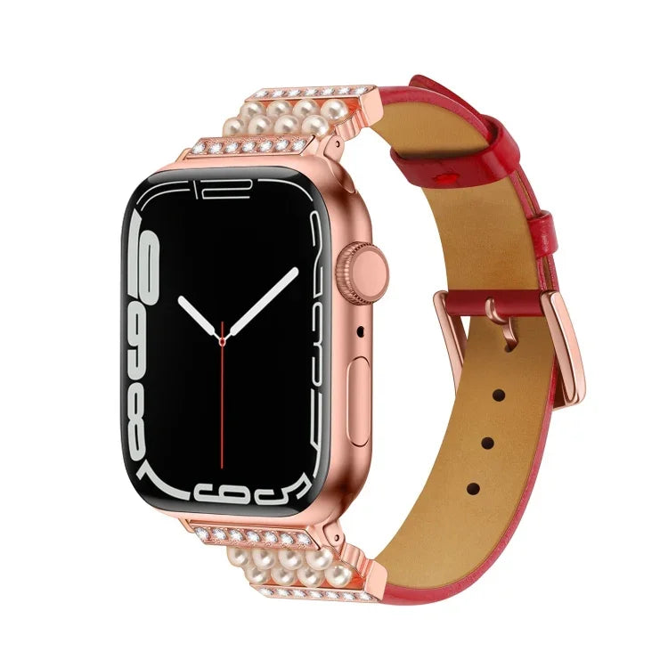 Dây đồng hồ da kim cương ngọc trai cho Apple Watch Series, 7 41mm / 6&SE&5&4 40mm / 3&2&1 38mm, 7 45mm / 6&SE&5&4 44mm / 3&2&1 42mm