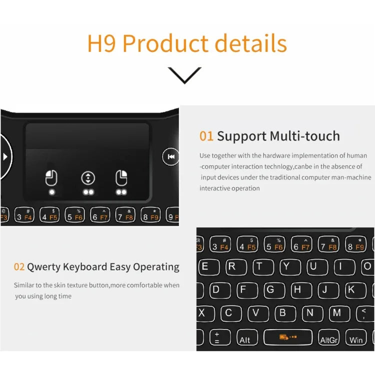 Bàn phím QWERTY không dây mini H9 2.4GHz có đèn nền trắng & Touchpad cho PC, TV, có đèn nền trắng