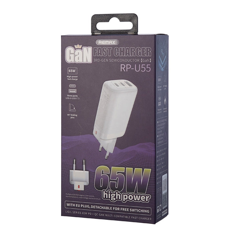 REMAX RP-U55 Territory Series Sạc nhanh 65W USB + USB-C đôi / Type-C, phích cắm EU, phích cắm UK, phích cắm CN