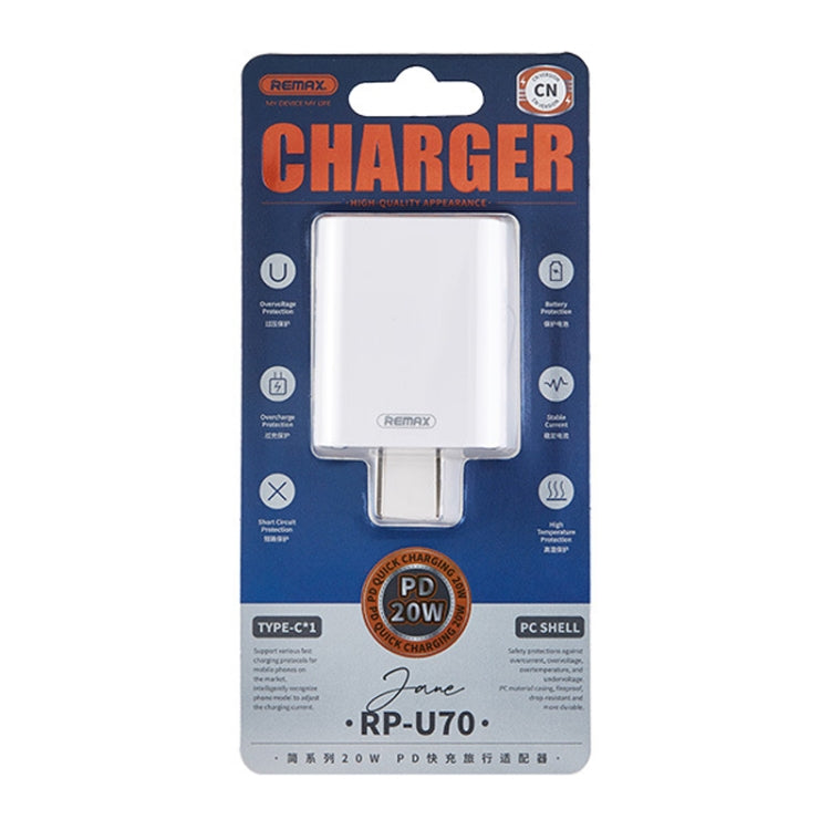 REMAX RP-U70 Jane Series Sạc nhanh 20W USB-C / Type-C PD, phích cắm CN, phích cắm UK, phích cắm US