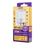 Sạc nhanh REMAX RP-U82 30W USB+USB-C/Type-C giao diện kép, phích cắm Trung Quốc, phích cắm Anh, phích cắm Mỹ