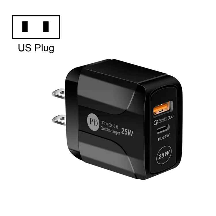 Bộ sạc du lịch 25W PD Type-C + cổng USB QC3.0, phích cắm US, EU