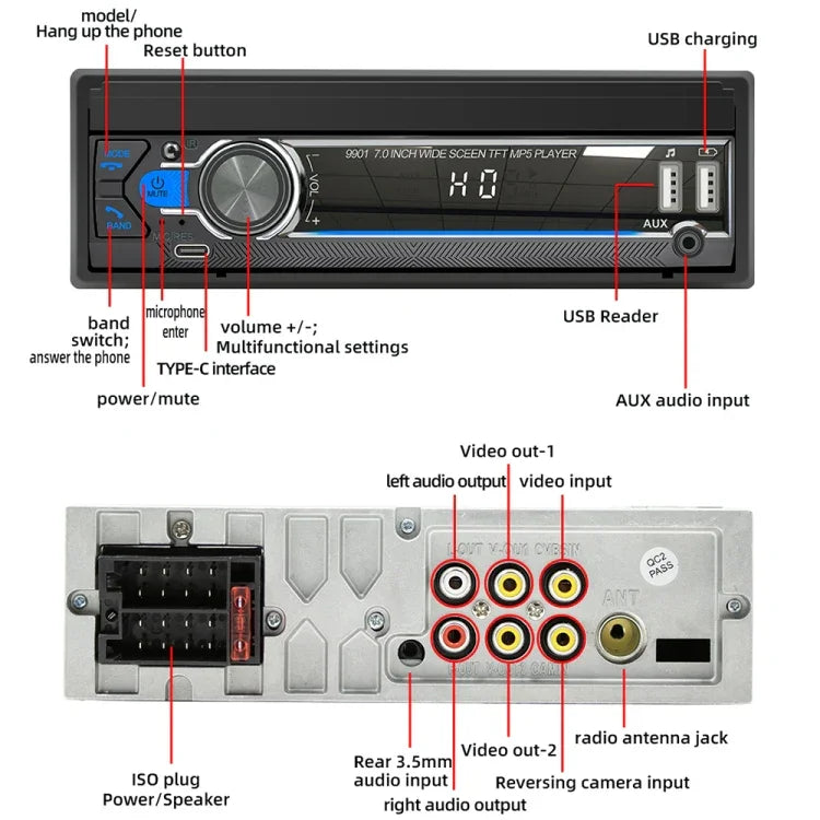 Máy nghe nhạc MP5 ô tô 7 inch 9901 có thể thu vào, hỗ trợ FM & Internet điện thoại di động, 9901