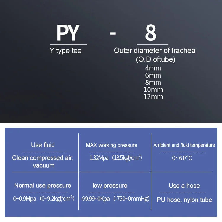 PY-14 LAIZE 2 chiếc đầu nối nhanh khí nén nhựa loại chữ Y giảm, PY-4 (10 chiếc), PY-6 (10 chiếc), PY-8 (10 chiếc), PY-10 (10 chiếc), PY-12 (10 chiếc), PY-14 (2 chiếc), PY-16 (2 chiếc)