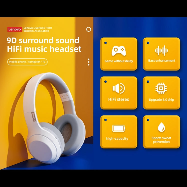Tai nghe chơi game thể thao Bluetooth không dây chống ồn âm bass Lenovo TH10, màu trắng và đen