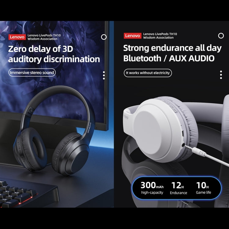 Tai nghe chơi game thể thao Bluetooth không dây chống ồn âm bass Lenovo TH10, màu trắng và đen