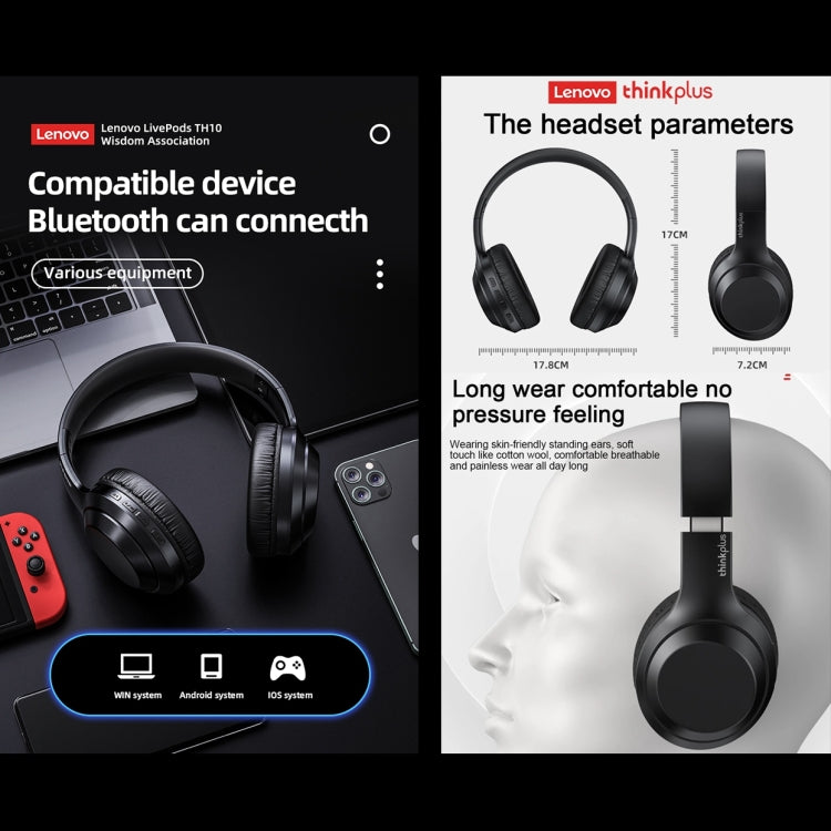 Tai nghe chơi game thể thao Bluetooth không dây chống ồn âm bass Lenovo TH10, màu trắng và đen