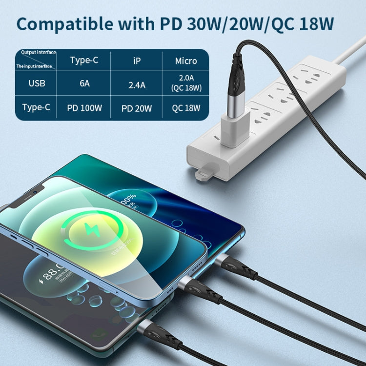 Cáp sạc dữ liệu nhanh ADC-008 100W USB/Type-C sang Type-C + 8 Pin + Micro USB hai sang ba tương thích hoàn toàn, dài 1.2m, 2m