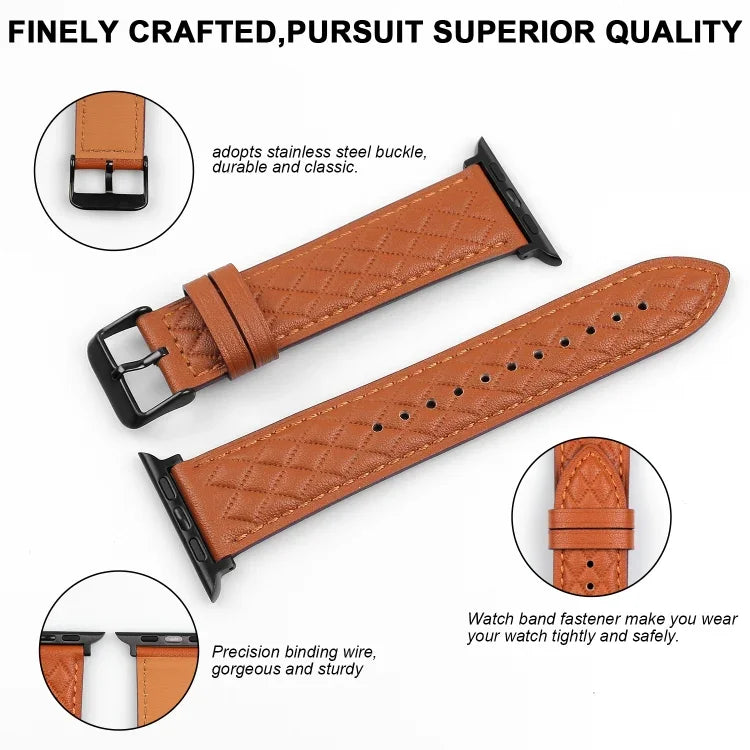 Dây đồng hồ da thật họa tiết hình thoi, Dành cho Apple Watch Series 8&7 45mm / SE 2&6&SE&5&4 44mm / 3&2&1 42mm, Dành cho Apple Watch Series 8&7 45mm / SE 2&6&SE&5&4 44mm / 3&2&1 42mm