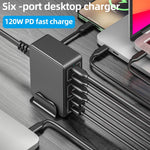 Bộ sạc nhanh để bàn 6 cổng 818H 120W Type-C + USB, Phích cắm Mỹ, Anh, EU, Úc