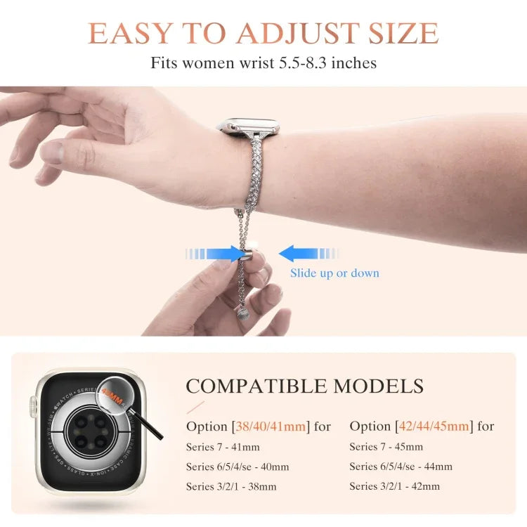 Dây đồng hồ vòng tay kim loại đính toàn bộ kim cương, Dành cho Apple Watch Series 8&7 45mm / SE 2&6&SE&5&4 44mm, Dành cho Apple Watch Series 8&7 41mm / SE 2&6&SE&5&4 40mm