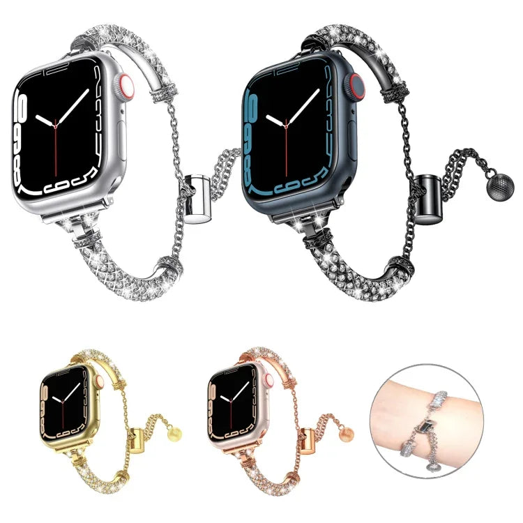 Dây đồng hồ vòng tay kim loại đính toàn bộ kim cương, Dành cho Apple Watch Series 8&7 45mm / SE 2&6&SE&5&4 44mm, Dành cho Apple Watch Series 8&7 41mm / SE 2&6&SE&5&4 40mm