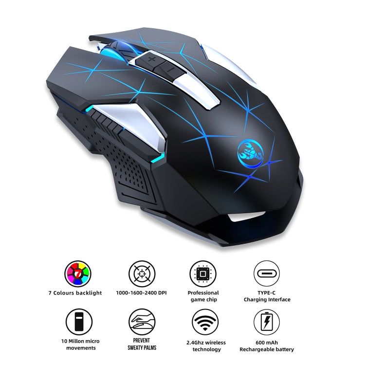 Chuột không dây HXSJ T300 7 phím 2400DPI phát sáng nhiều màu 2.4G, T300 màu đen
