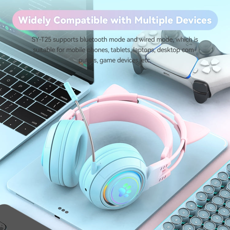 Tai nghe Bluetooth không dây T25 RGB Stereo tai mèo kèm mic tháo rời