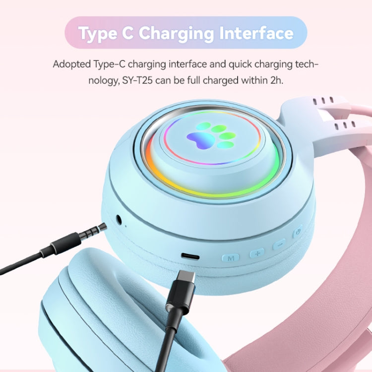 Tai nghe Bluetooth không dây T25 RGB Stereo tai mèo kèm mic tháo rời