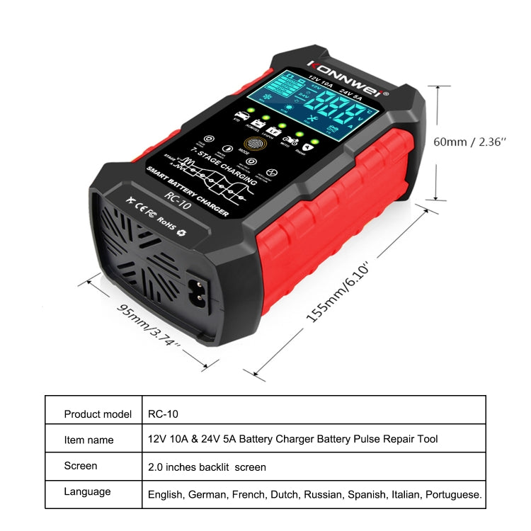 KONNWEI CR-10 2.4 inch Car Battery Charger Battery Pulse Repair Tool, EU Plug, US Plug, UK Plug