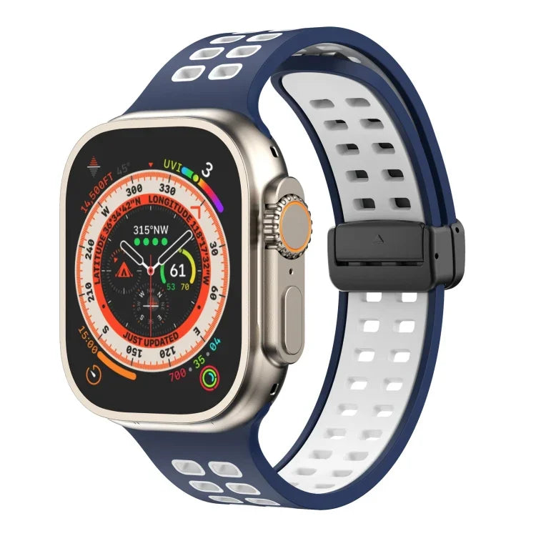 Magnetic Fold Clasp Square Holes Silicone Watch Band, For Apple Watch Series 8&7 45mm, For Apple Watch Series 8&7 41mm