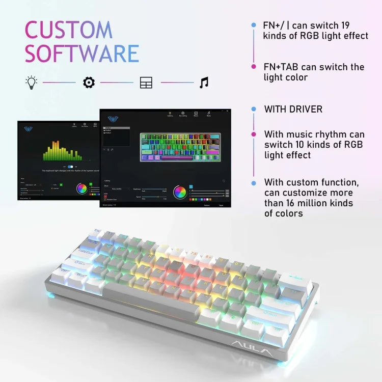 Bàn phím cơ có dây AULA F3261 Type-C 61 phím có thể thay nóng RGB