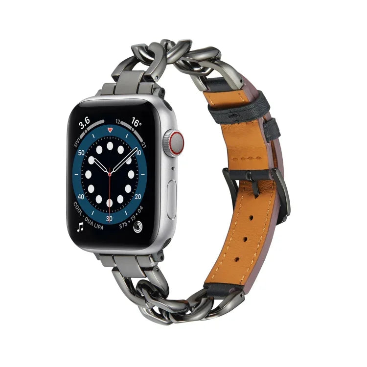 Dây đồng hồ dây xích + da, dành cho Apple Watch Ultra 49mm / Series 8&7 45mm / SE 2&6&SE&5&4 44mm / 3&2&1 42mm, dành cho Apple Watch Series 8&7 41mm / SE 2&6&SE&5&4 40mm / 3&2&1 38mm