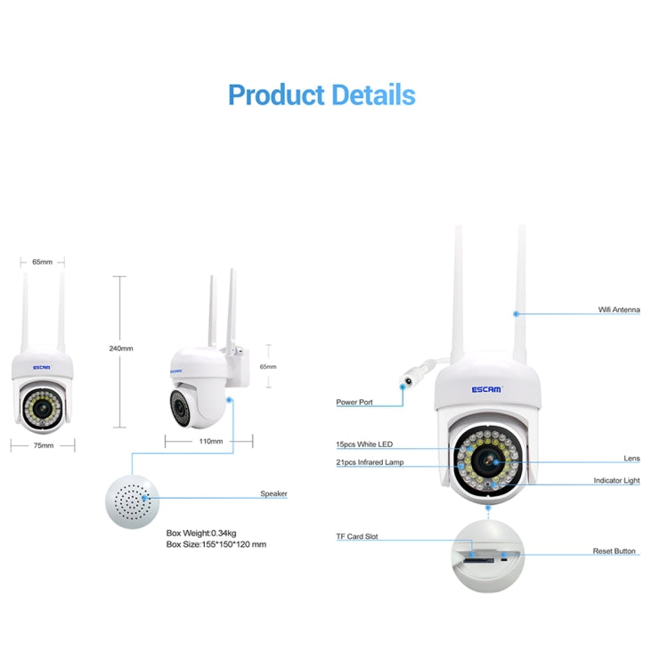 ESCAM PVR007 Camera WiFi HD Thông Minh 3MP Hỗ Trợ Tầm Nhìn Ban Đêm Màu Đầy Đủ / Phát Hiện Chuyển Động / Báo Động Âm Thanh / Thẻ TF, PVR007