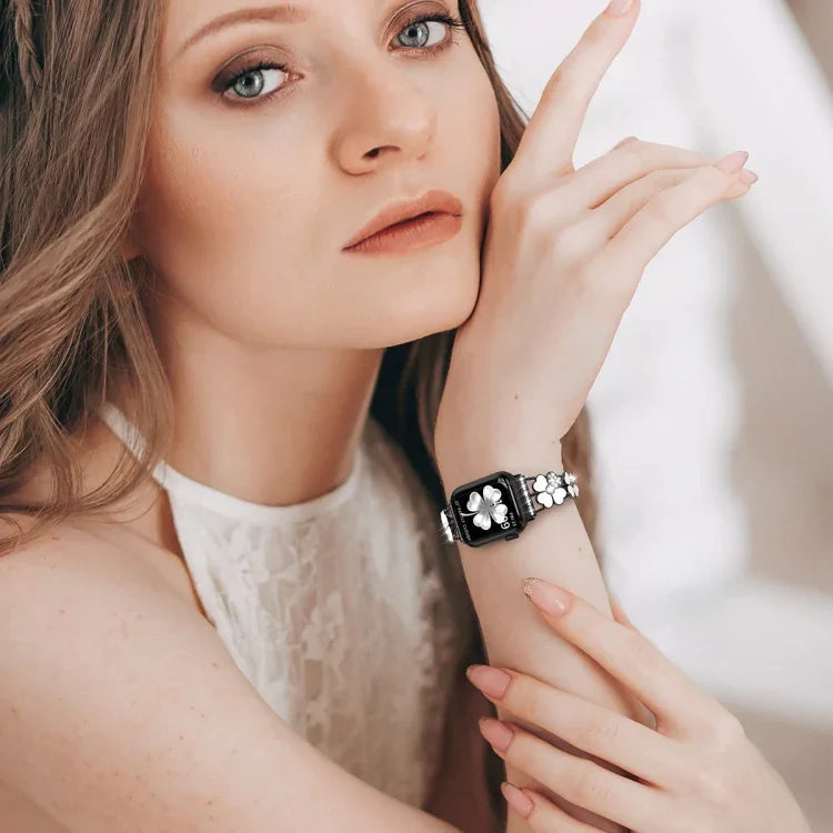 Dây đồng hồ kim loại hình cánh hoa đính kim cương, dành cho Apple Watch 3 38mm, Apple Watch 9 45mm, Apple Watch 3 42mm, Apple Watch 2 38mm, Apple Watch 2 42mm, Apple Watch 38mm, Apple Watch 42mm, Apple Watch 9 41mm