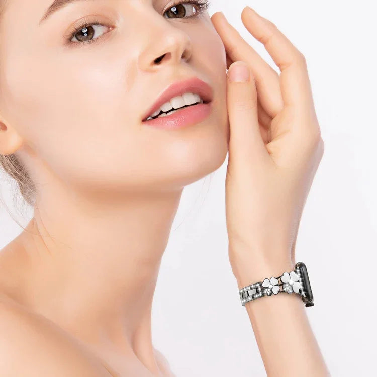 Dây đồng hồ kim loại hình cánh hoa đính kim cương, dành cho Apple Watch 3 38mm, Apple Watch 9 45mm, Apple Watch 3 42mm, Apple Watch 2 38mm, Apple Watch 2 42mm, Apple Watch 38mm, Apple Watch 42mm, Apple Watch 9 41mm