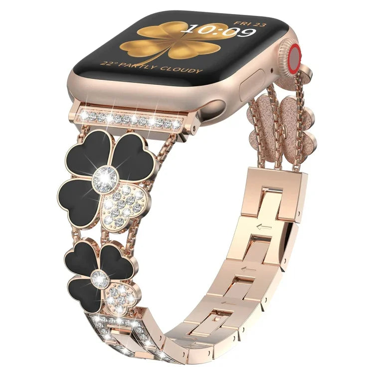 Dây đồng hồ kim loại hình cánh hoa đính kim cương, dành cho Apple Watch 3 38mm, Apple Watch 9 45mm, Apple Watch 3 42mm, Apple Watch 2 38mm, Apple Watch 2 42mm, Apple Watch 38mm, Apple Watch 42mm, Apple Watch 9 41mm